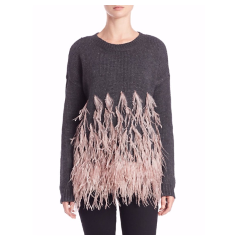 Elizabeth And James Grey & Pink Ostrich Feather Trim Angora Sweater